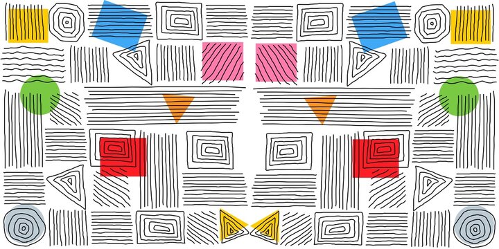 Abstract hand drawn geometric pattern with colorful squares circles and triangles in modern doodle style for creative background design