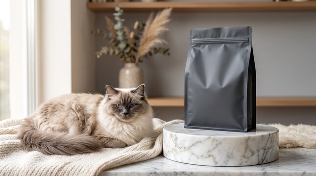 Fluffy Ragdoll cat relaxing next to a matte black pouch mockup placed on a marble display stand