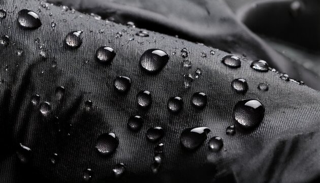 close up of water droplets on the surface of a black waterproof jacket