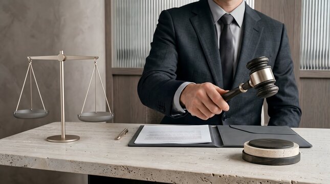 Corporate Lawyer Holding Gavel Near Scale of Justice for Business Contract Agreement Concept