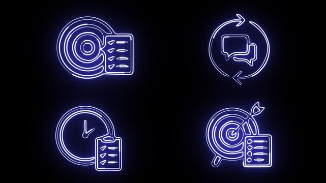 Neon icon set 4K loop animation on black background. Goal key results tracking, interactive feedback loop chat, time audit clock checklist and ROI analytics focus board.