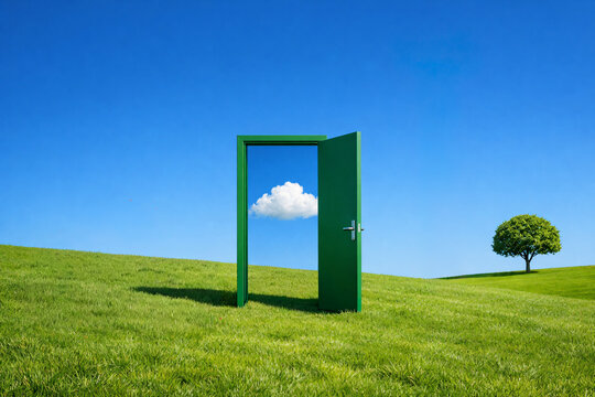 Porte ouverte sur un ciel bleu avec nuage dans paysage d'herbe
