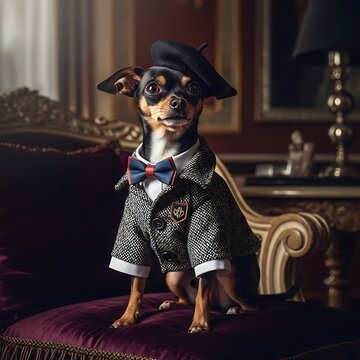 Dog dressed in pirate costume with eyepatch and hat.