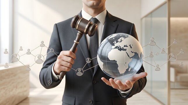 International Corporate Governance Concept with Gavel and Worldwide Employee Network Globe