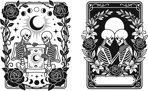 Skeleton lovers tarot card vector illustration featuring intricate gothic designs with romantic skulls roses moon phases and mystical occult aesthetic art elements