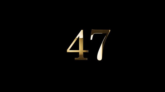 Number 47 in gold style with gold particles and transparent background, forty seven