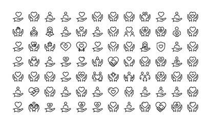 Fototapeta premium Care Heart in Hand Compassion Outline Vector Icon Set