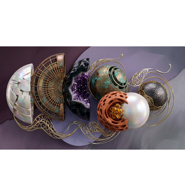 Mechanical spheres and ornate metal filigree are positioned next to a dark geode and an iridescent shell to create an intricate study of antique engineering, scientific exploration, and hidden worlds.