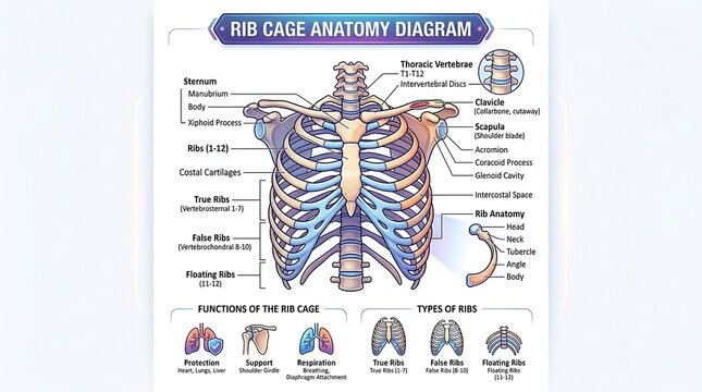 Comprehensive human rib cage anatomy and bone structure diagram