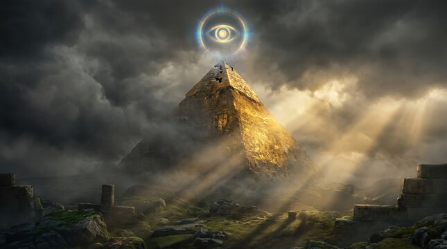 Mystical golden pyramid with all seeing eye under stormy sky