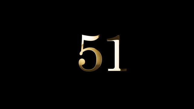 Number 51 in gold style with gold particles and transparent background, fifty one