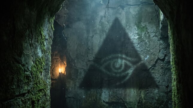 Mysterious Eye of Providence symbol in dark ancient stone chamber