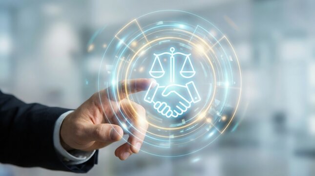 Employment labor law and hr manager online legal services company concept with handshake and justice scale icon in futuristic interface