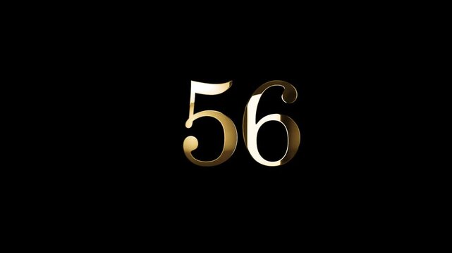 Number 56 in gold style with gold particles and transparent background, fifty six