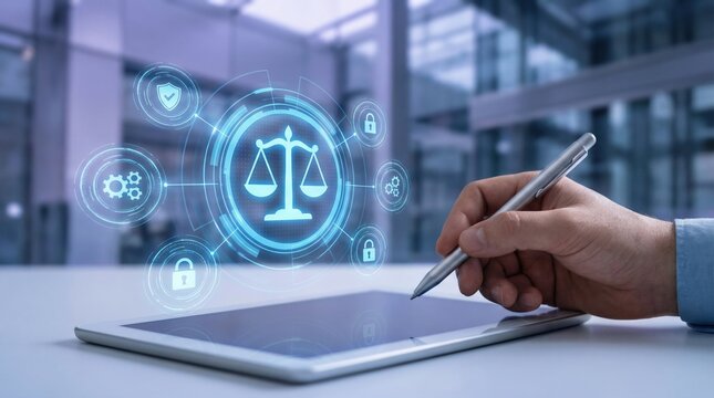 Employment labor law and HR manager use online legal services for company compliance and management with digital tools and secure technology