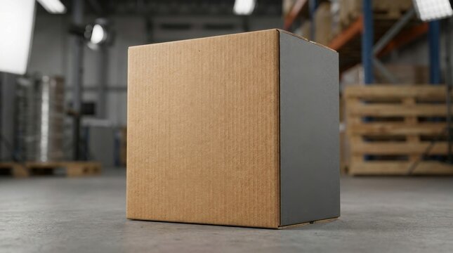 Cardboard packaging mockup in industrial warehouse setting for branding and product display