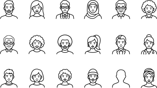 Set of diverse human headshot avatars featuring various hairstyles and facial features in a simple line art style