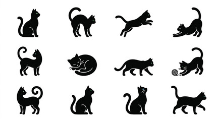 Fototapeta premium Collection of black cat silhouette illustrations in various poses.