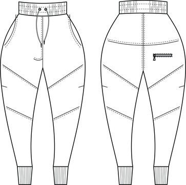 Black and white vector fashion flat sketch of activewear sweatpants and joggers