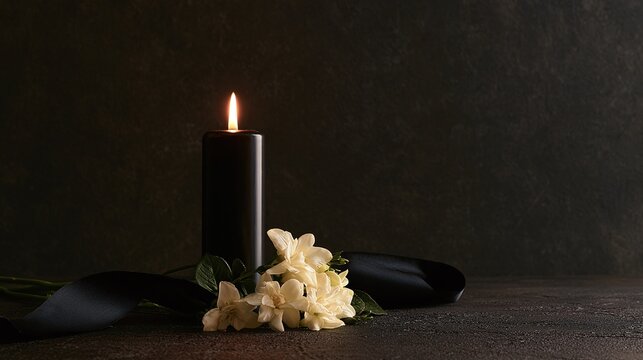 Solemn black candle with gentle white flowers and elegant dark ribbon, symbolizing remembrance, respect, and deep loss on a dark textured background, ideal for memorial designs