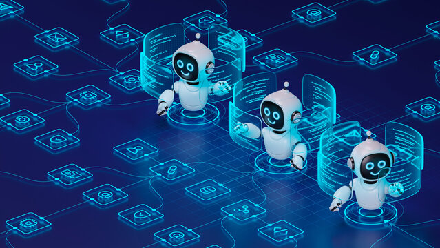 AI agent robot workflow automation orchestrator artificial intelligence data coding icon flow process assistant technology futuristic 3d rendering.