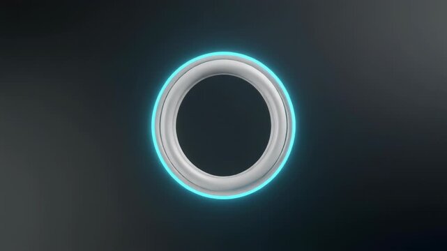 A glowing turquoise neon ring forms a clean circular frame against a dark smoky background, creating a futuristic abstract light border for technology or design concepts