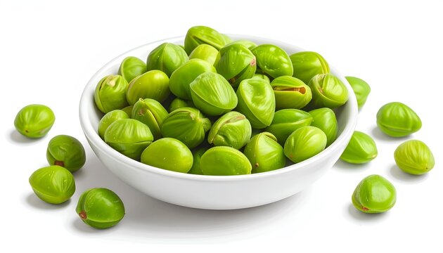 Fresh vibrant green fava broad beans shelled neatly inside a clean white porcelain bowl on white surface
