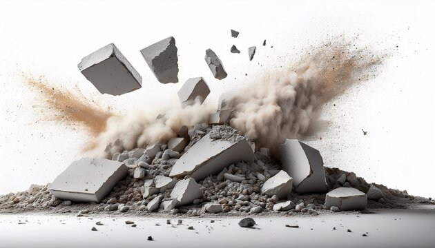 a close up view of shattered concrete rubble and a dust cloud isolated against a white background