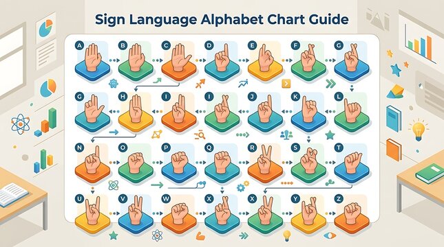 Sign language alphabet chart guide with isometric hand gestures