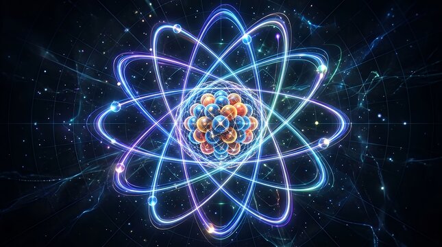 Futuristic representation of a subatomic particle structure visualizing energy orbits and microscopic science concepts