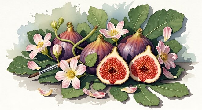 Watercolor illustration of fresh figs and flowers with paintbrush
