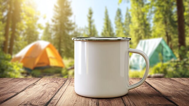 Blank white enamel camping mug on a rustic wooden table with tents and a sunlit forest in the soft-focus background, perfect for outdoor and nature-themed designs