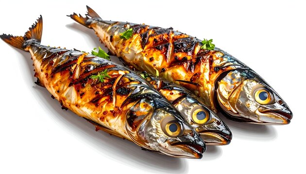 Whole grilled saba mackerel fish showing charred crispy skin and savory glazed aroma resting on a white backdrop