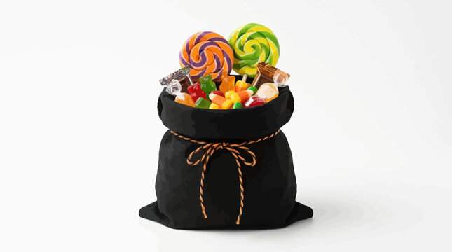 Helloween Halloween candy bag filled with festive sweets, black fabric sack with orange lollipops and gummy bears, seasonal trick or treat confectionery vector isolated on White Background vector