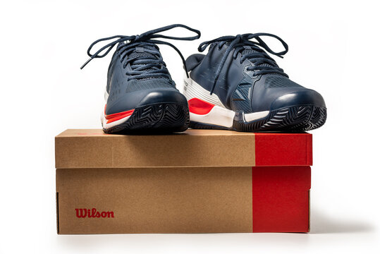 Belgrade, Serbia - September 22, 2025: Blue Wilson Rush Pro Ace Tennis Shoes isolated on white background with it's package box and with clipping path included
