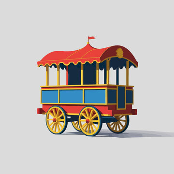 Colorful vintage circus wagon with red and blue accents and yellow wheels.