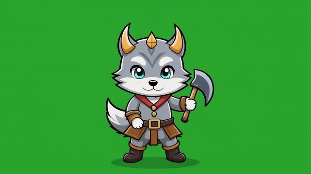Cute cartoon wolf character with axe and shield animation loop on green screen background