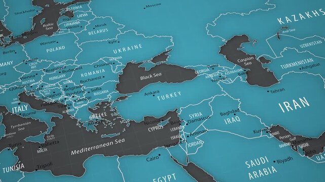 Animated political map showing the location of Turkey between Europe and Asia. The camera gradually approaches the country, bringing its borders, Ankara, the Black Sea, the Mediterranean region, and s