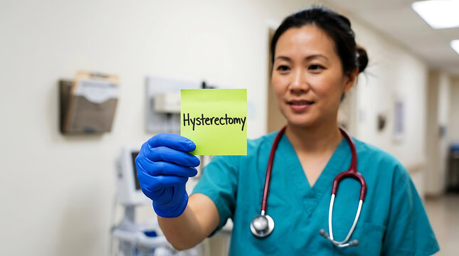 Female doctor holding a hysterectomy model, medical office background