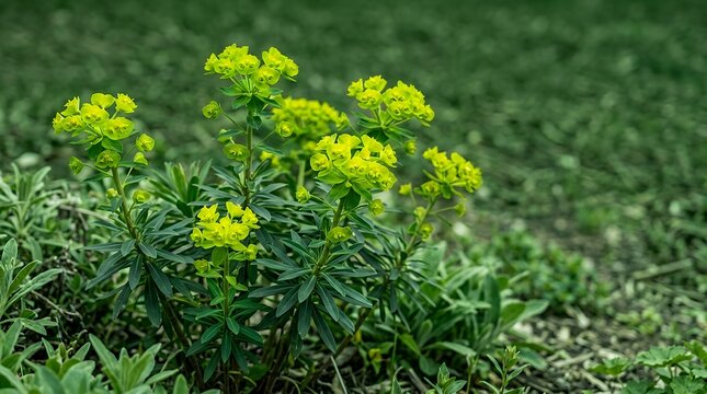 Wood spurge evergreen perennial plant with yellow-green floral clusters in natural garden setting  Euphorbia amygdaloides wood spurge perennial plant evergreen foliage yellow-green flowers