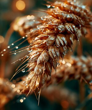 Detailed macro photograph of a golden ear of wheat glistening with clear dew drops and soft warm bokeh lights.