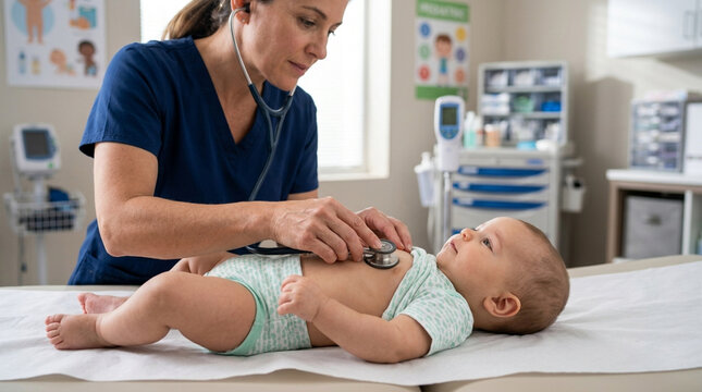 Pediatrician examines baby with stethoscope in clinic exam room.