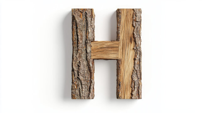 Wooden letter H with tree bark texture, showcasing natural elements and rustic charm, perfect for creative designs