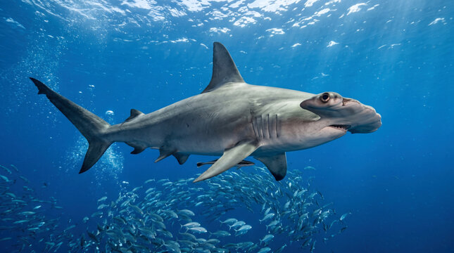 A majestic great hammerhead shark swimming through the deep blue tropical ocean water with sunlight rays above