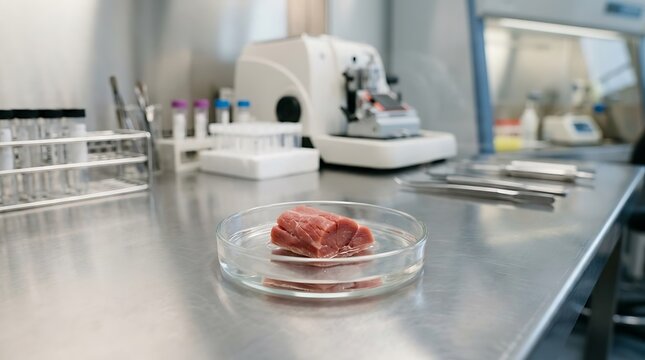 Lab grown meat sample in a petri dish for biotechnology research