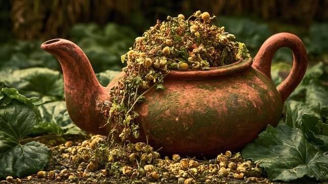 Rustic Clay Teapot Overflowing with Dried Herbal Tea, Nestled Among Green Foliage, Evoking a Sense of Natural Wellness and Traditional Remedies in a Garden Setting