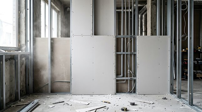 Interior construction site with metal framing and drywall installation