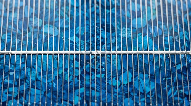 Macro Close Up View of Polycrystalline Silicon Solar Cell Texture with Metal Busbars and Blue Crystal Pattern