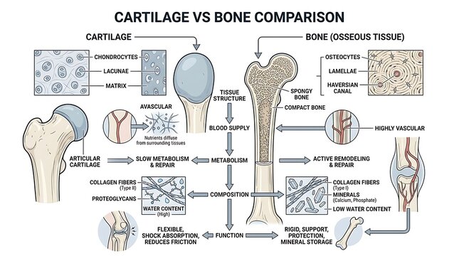 Medical diagram comparing cartilage and bone tissue structures