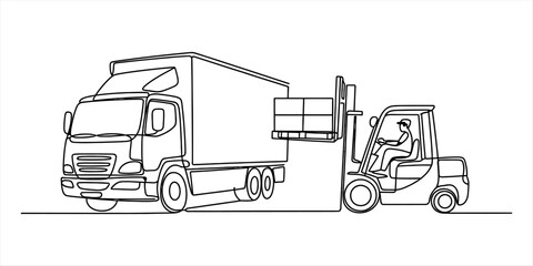 Continuous single line drawing of a forklift loading a delivery truck with boxes on a pallet in a warehouse for shipping and freight logistics business © Next to Work